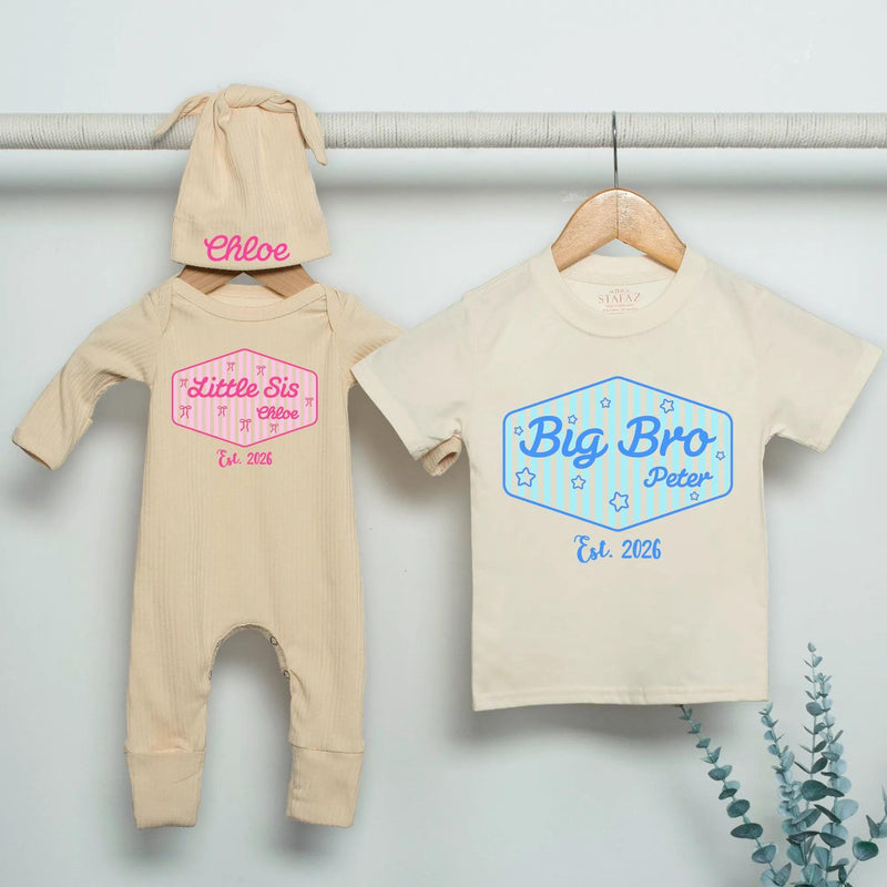 Personalized Big Sis Little Bro Sibling Shirt with Striped Design and Name Customization Pink or Blue Preppy Style Gift Est 2026