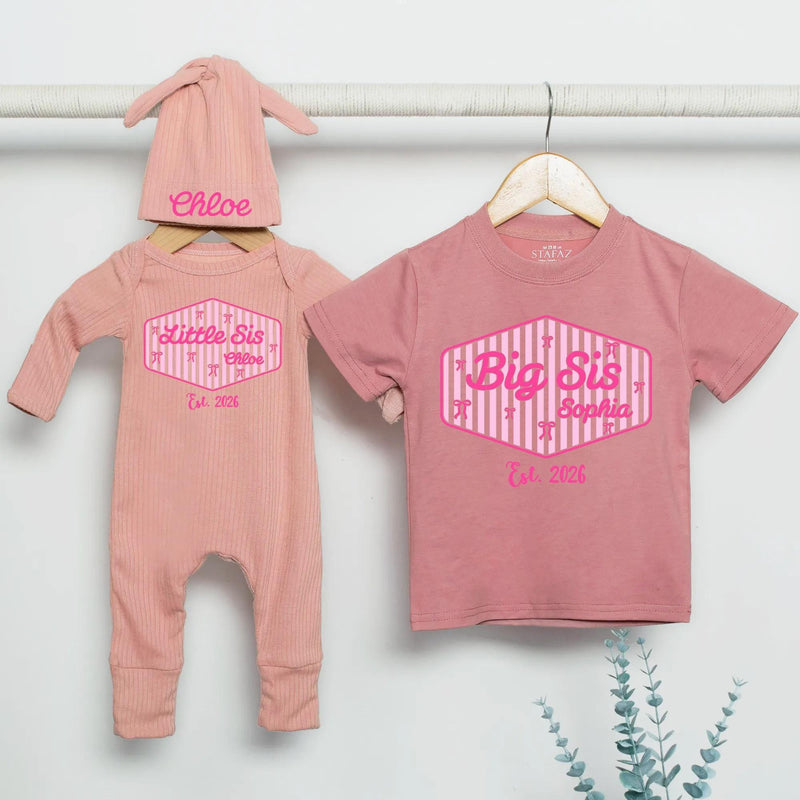 Personalized Big Sis Little Bro Sibling Shirt with Striped Design and Name Customization Pink or Blue Preppy Style Gift Est 2026