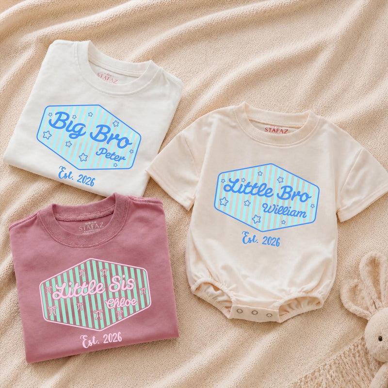 Personalized Big Sis Little Bro Sibling Shirt with Striped Design and Name Customization Pink or Blue Preppy Style Gift Est 2026
