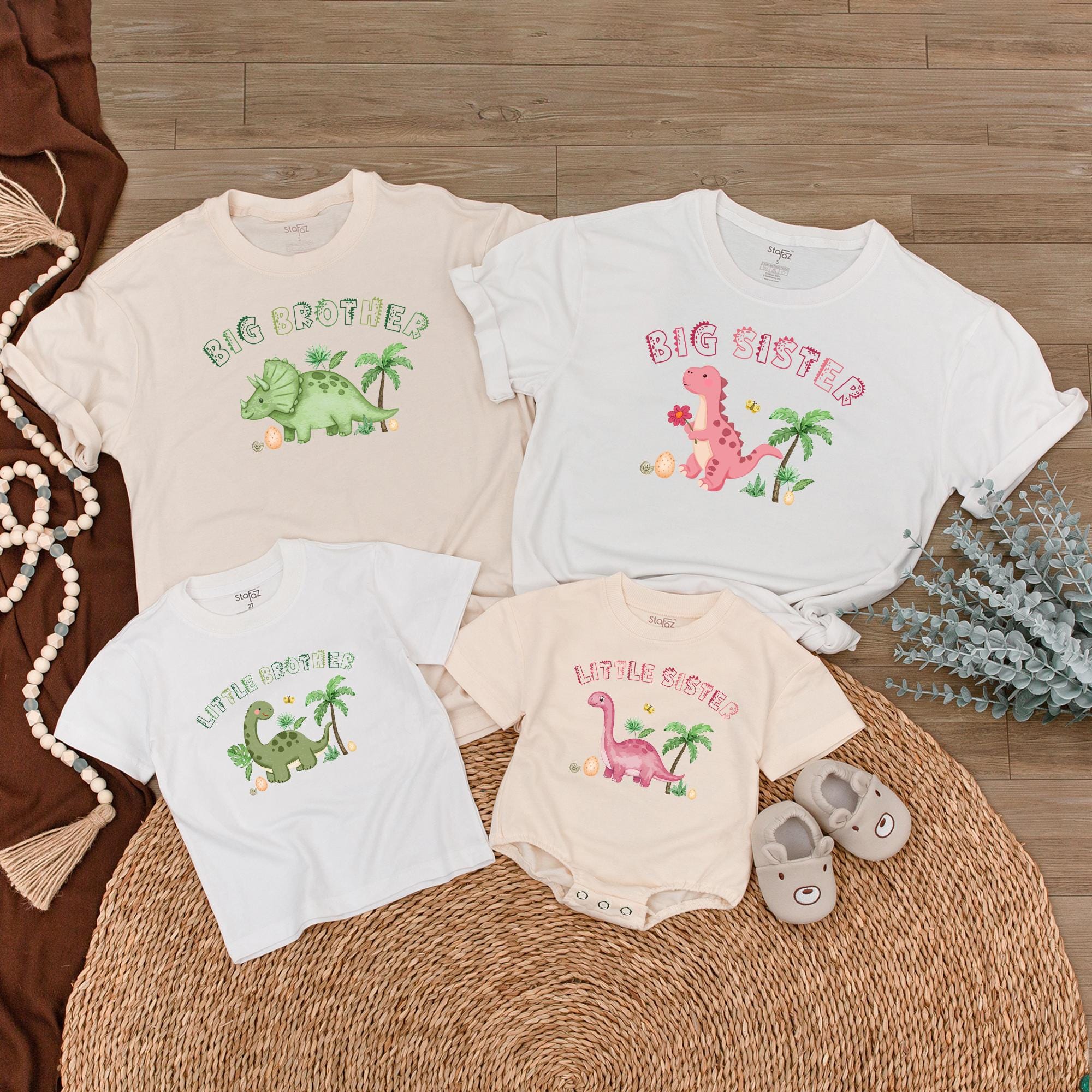 Personalized Big Sister Baby Romper and Dinosaur Matching Outfits for Big Brother Little Brother Toddler Custom Family Set Cotton Soft Clothing