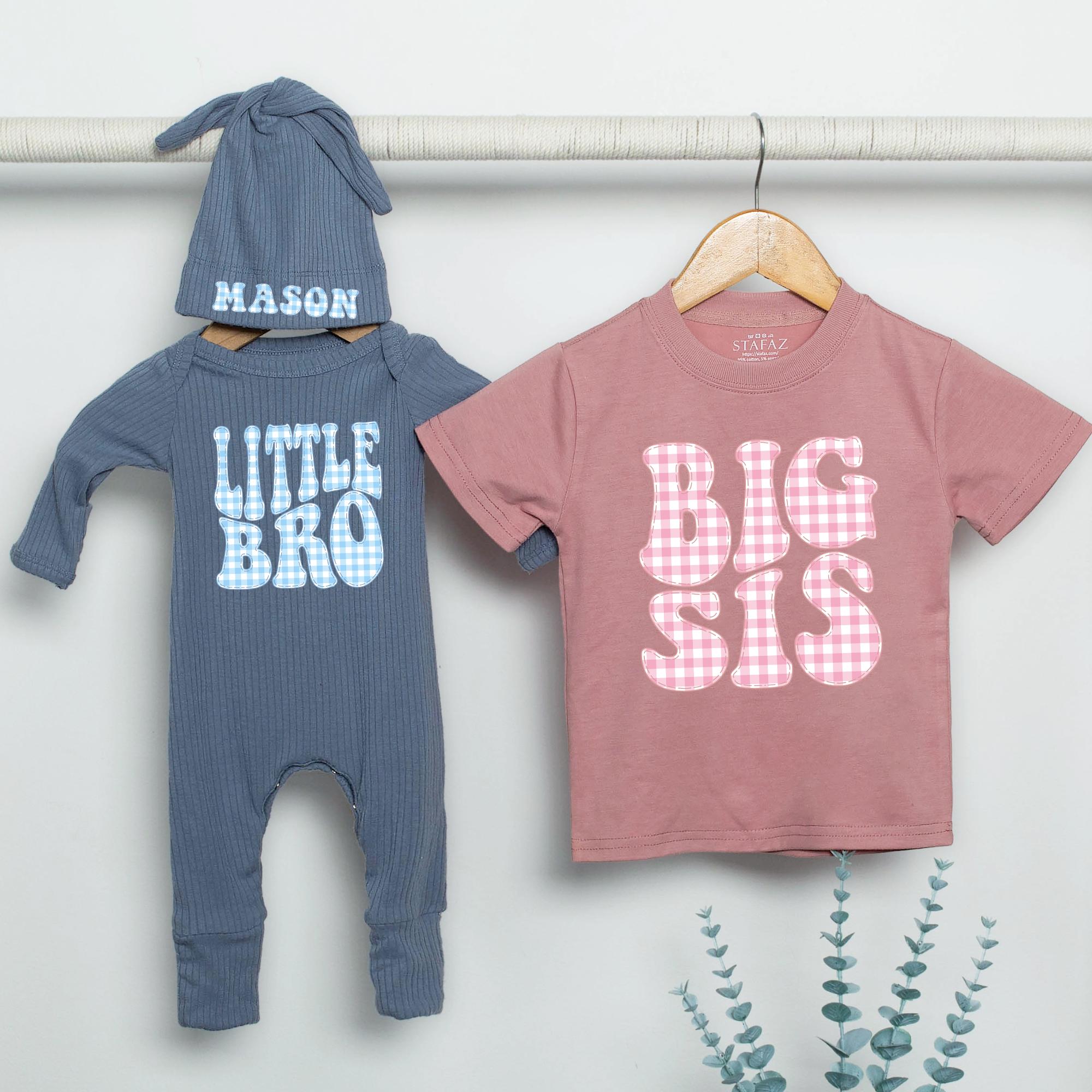 Personalized Big Sister and Little Brother Outfits with Gingham Print, Custom Baby Romper, Newborn Gift Idea