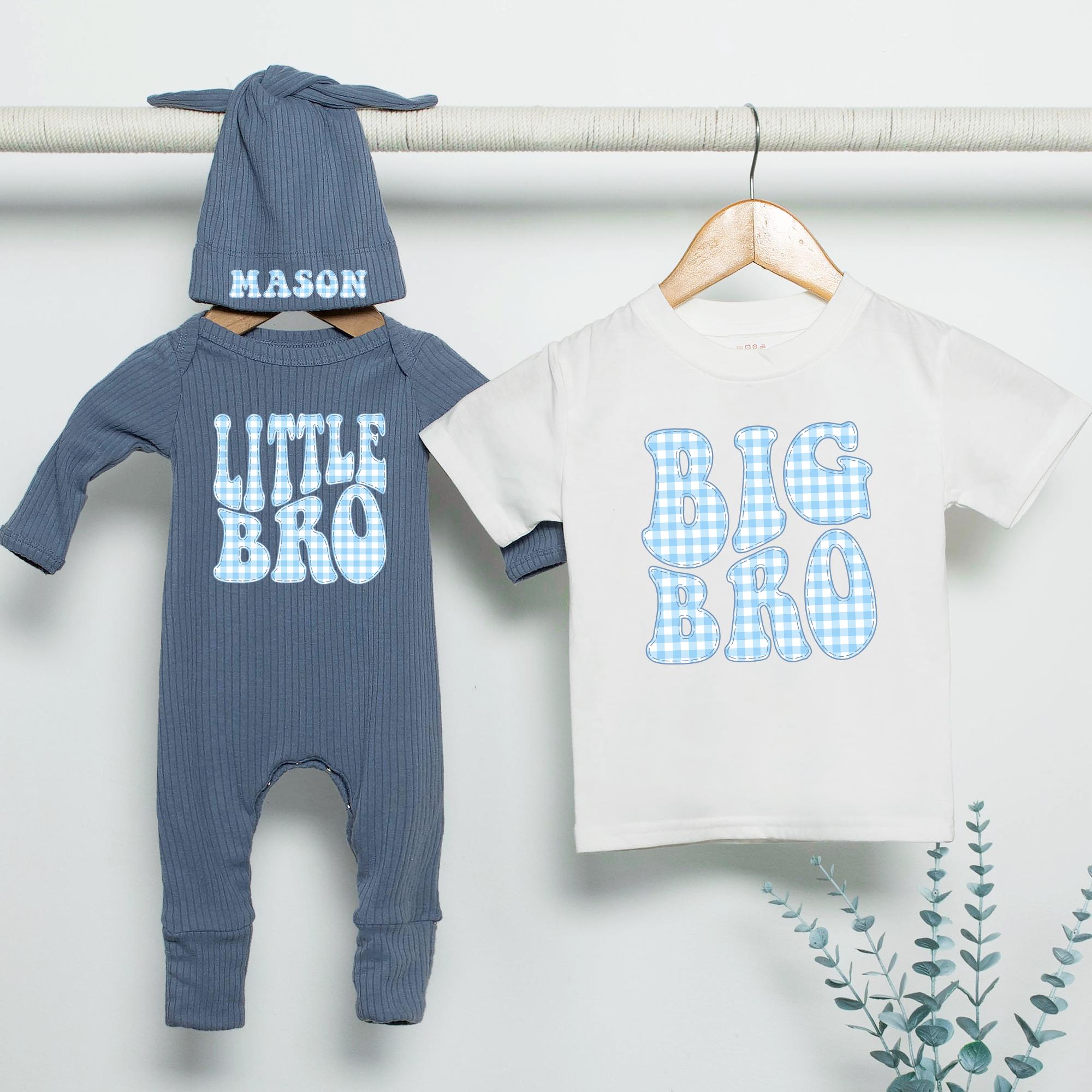 Personalized Big Sister and Little Brother Outfits with Gingham Print, Custom Baby Romper, Newborn Gift Idea