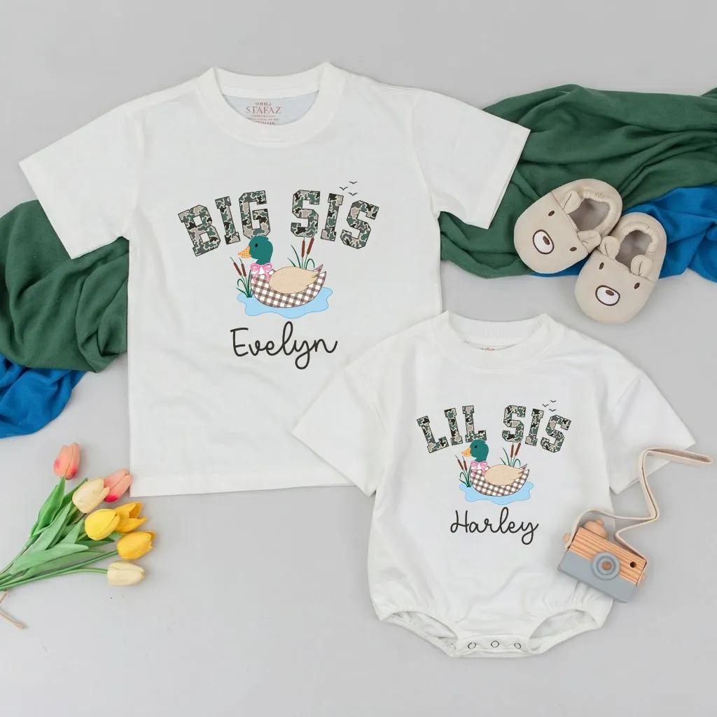 Personalized Big Sister and Little Sister Mallard Duck Shirts Custom Name Baby Clothes Matching Sibling Outfit Light Brown Pink Design