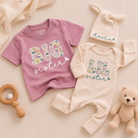 Personalized Big Sister Little Sister Matching Outfits with Floral Block Letters and Custom Names Whimsical Butterfly Design Shirts