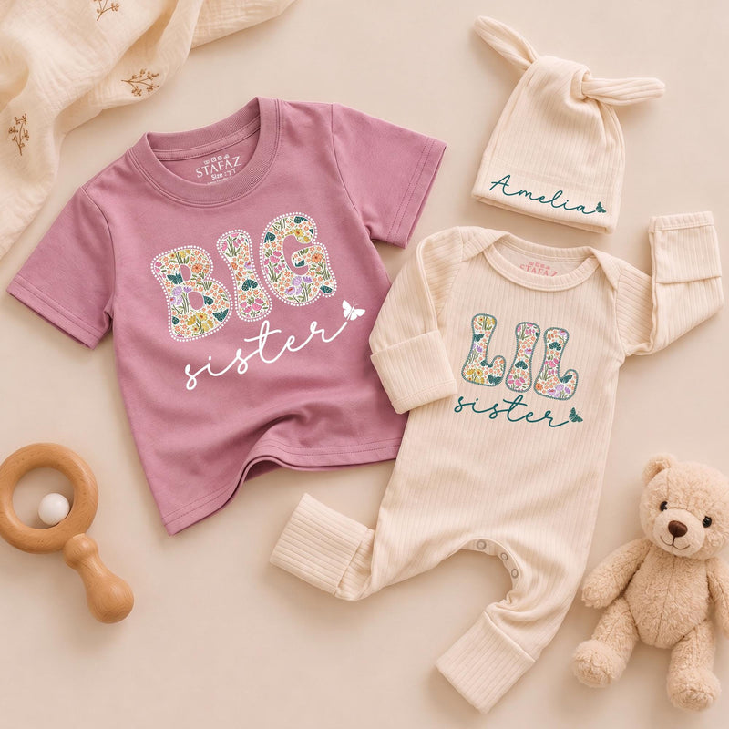 Personalized Big Sister Little Sister Matching Outfits with Floral Block Letters and Custom Names Whimsical Butterfly Design Shirts
