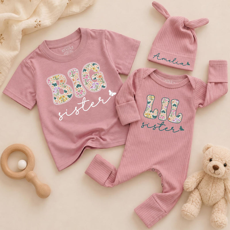 Personalized Big Sister Little Sister Matching Outfits with Floral Block Letters and Custom Names Whimsical Butterfly Design Shirts