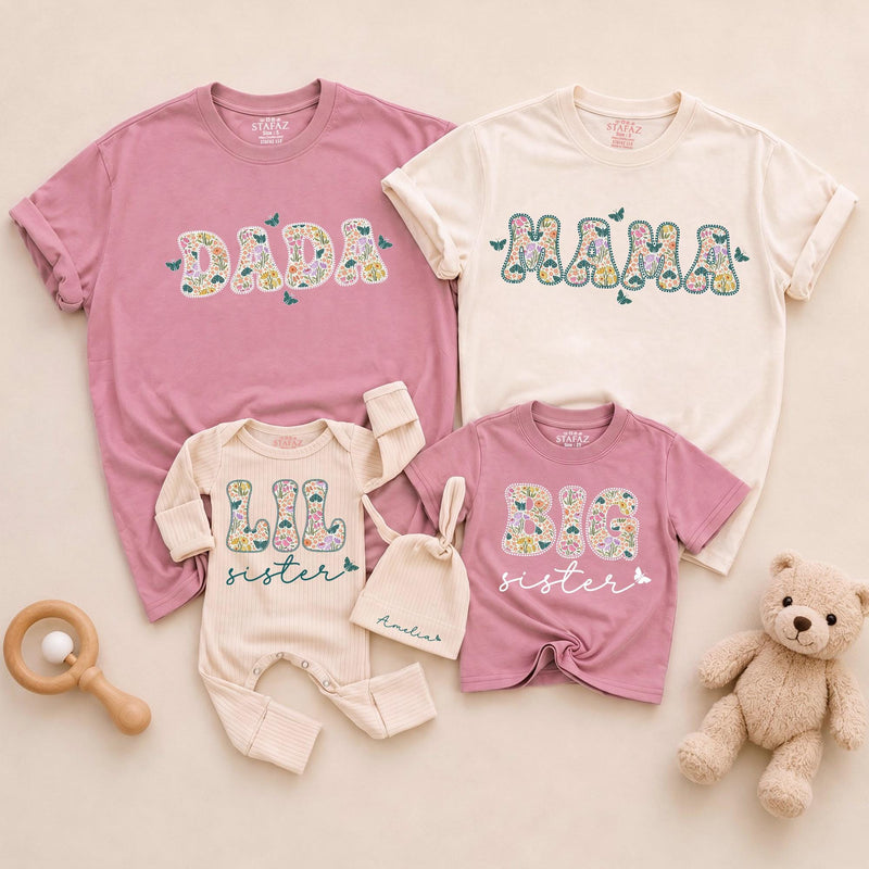 Personalized Big Sister Little Sister Matching Outfits with Floral Block Letters and Custom Names Whimsical Butterfly Design Shirts