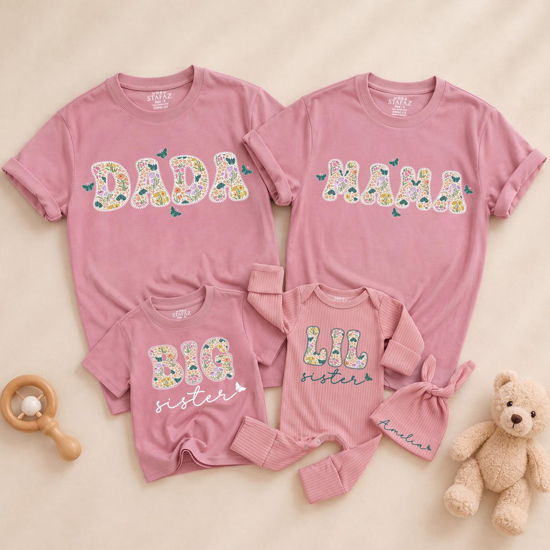 Personalized Big Sister Little Sister Matching Outfits with Floral Block Letters and Custom Names Whimsical Butterfly Design Shirts
