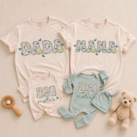 Personalized Big Sister Little Sister Matching Outfits with Floral Block Letters and Custom Names Whimsical Butterfly Design Shirts