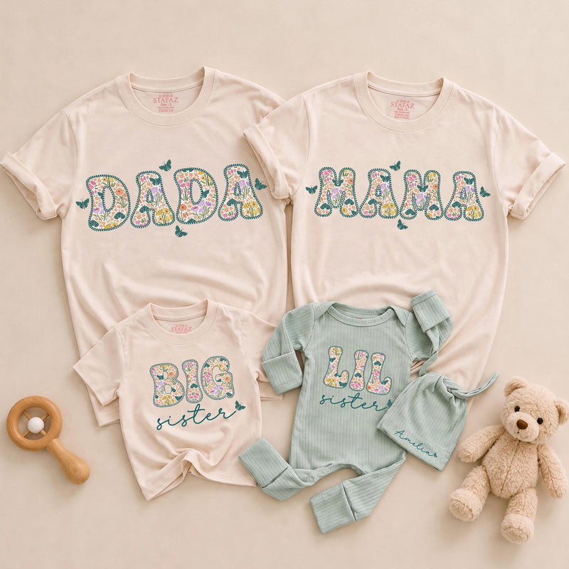 Personalized Big Sister Little Sister Matching Outfits with Floral Block Letters and Custom Names Whimsical Butterfly Design Shirts