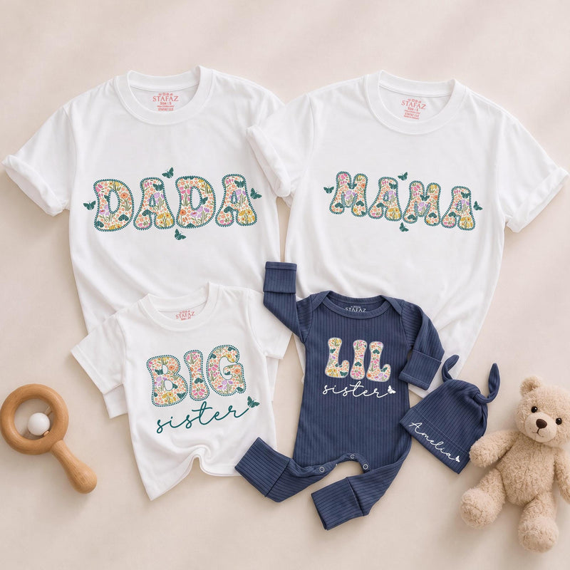 Personalized Big Sister Little Sister Matching Outfits with Floral Block Letters and Custom Names Whimsical Butterfly Design Shirts
