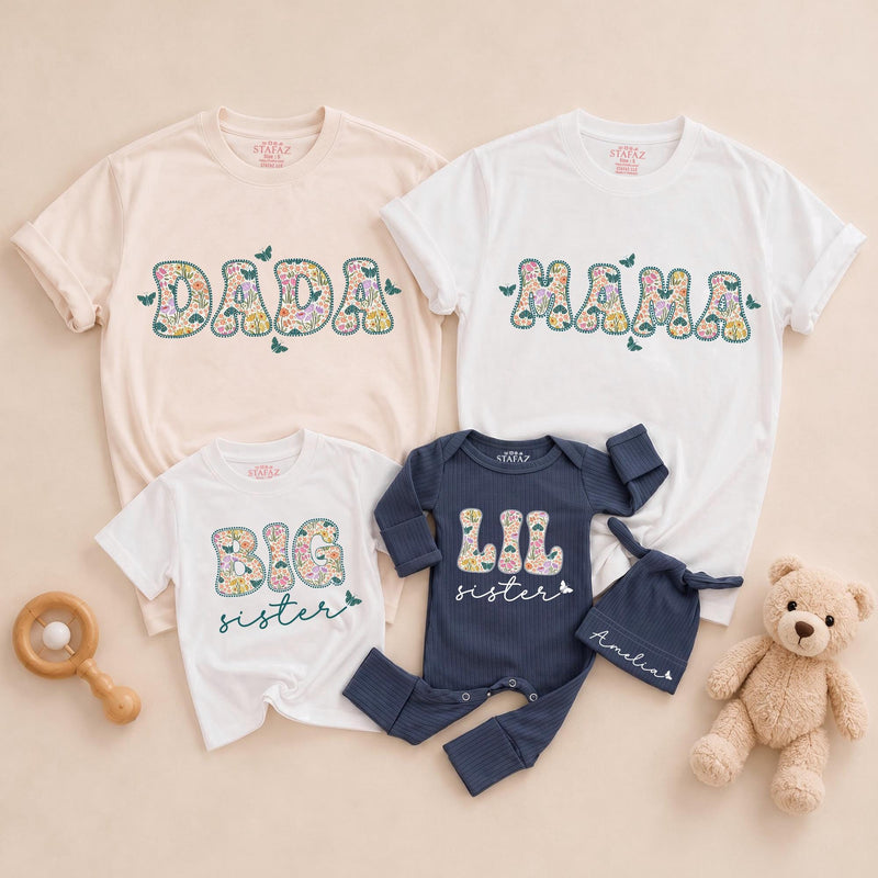 Personalized Big Sister Little Sister Matching Outfits with Floral Block Letters and Custom Names Whimsical Butterfly Design Shirts