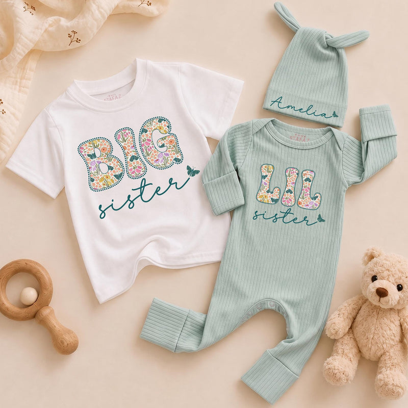 Personalized Big Sister Little Sister Matching Outfits with Floral Block Letters and Custom Names Whimsical Butterfly Design Shirts