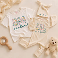 Personalized Big Sister Little Sister Matching Outfits with Floral Block Letters and Custom Names Whimsical Butterfly Design Shirts