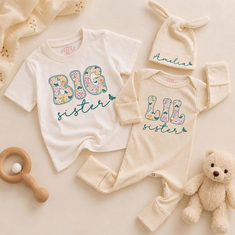 Personalized Big Sister Little Sister Matching Outfits with Floral Block Letters and Custom Names Whimsical Butterfly Design Shirts