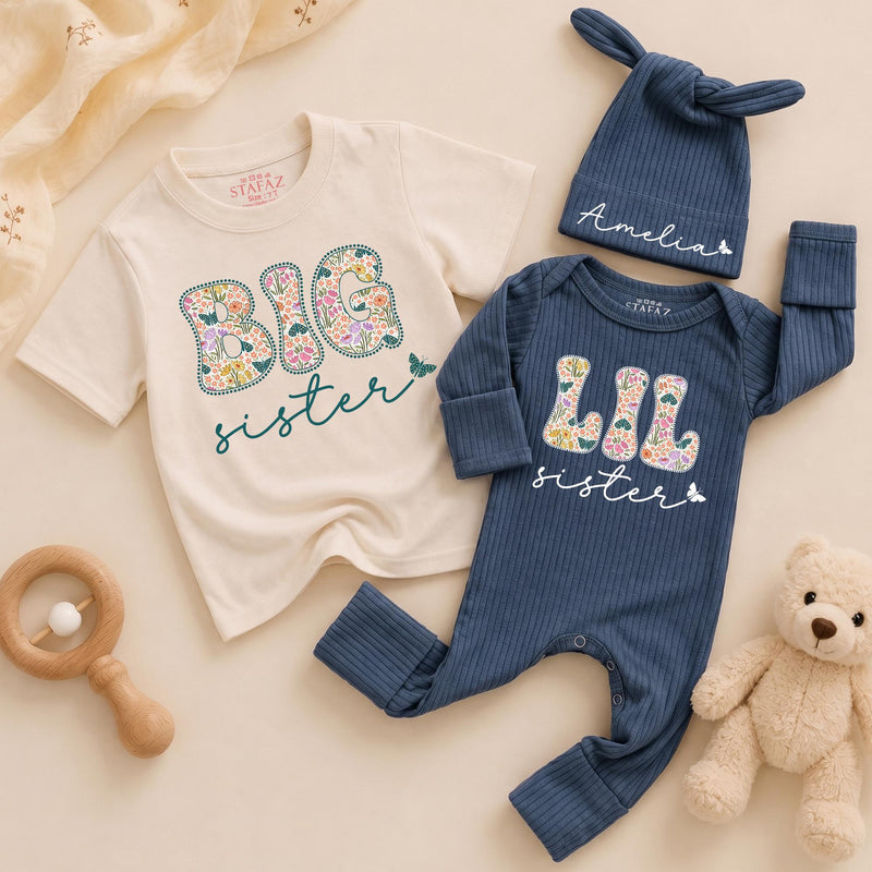 Personalized Big Sister Little Sister Matching Outfits with Floral Block Letters and Custom Names Whimsical Butterfly Design Shirts