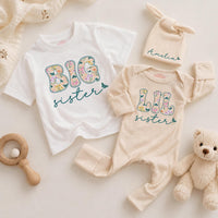 Personalized Big Sister Little Sister Matching Outfits with Floral Block Letters and Custom Names Whimsical Butterfly Design Shirts