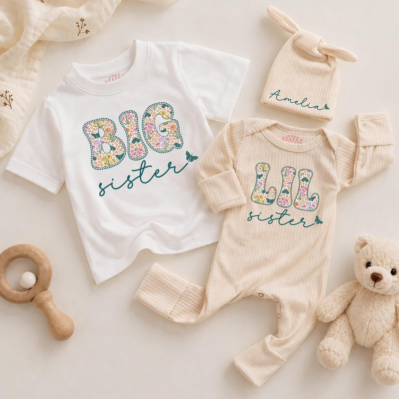 Personalized Big Sister Little Sister Matching Outfits with Floral Block Letters and Custom Names Whimsical Butterfly Design Shirts
