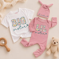 Personalized Big Sister Little Sister Matching Outfits with Floral Block Letters and Custom Names Whimsical Butterfly Design Shirts