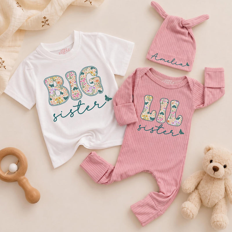 Personalized Big Sister Little Sister Matching Outfits with Floral Block Letters and Custom Names Whimsical Butterfly Design Shirts