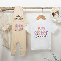 Personalized Big Sister Little Sister Matching Outfits with Pastel Colors and Heart Design Baby Girl Birthday Toddler Clothes Gift Idea