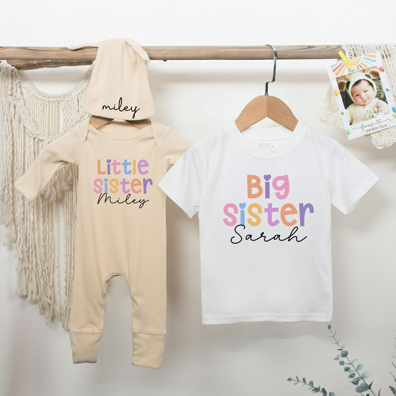 Personalized Big Sister Little Sister Matching Outfits with Pastel Colors and Heart Design Baby Girl Birthday Toddler Clothes Gift Idea