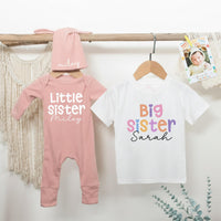 Personalized Big Sister Little Sister Matching Outfits with Pastel Colors and Heart Design Baby Girl Birthday Toddler Clothes Gift Idea