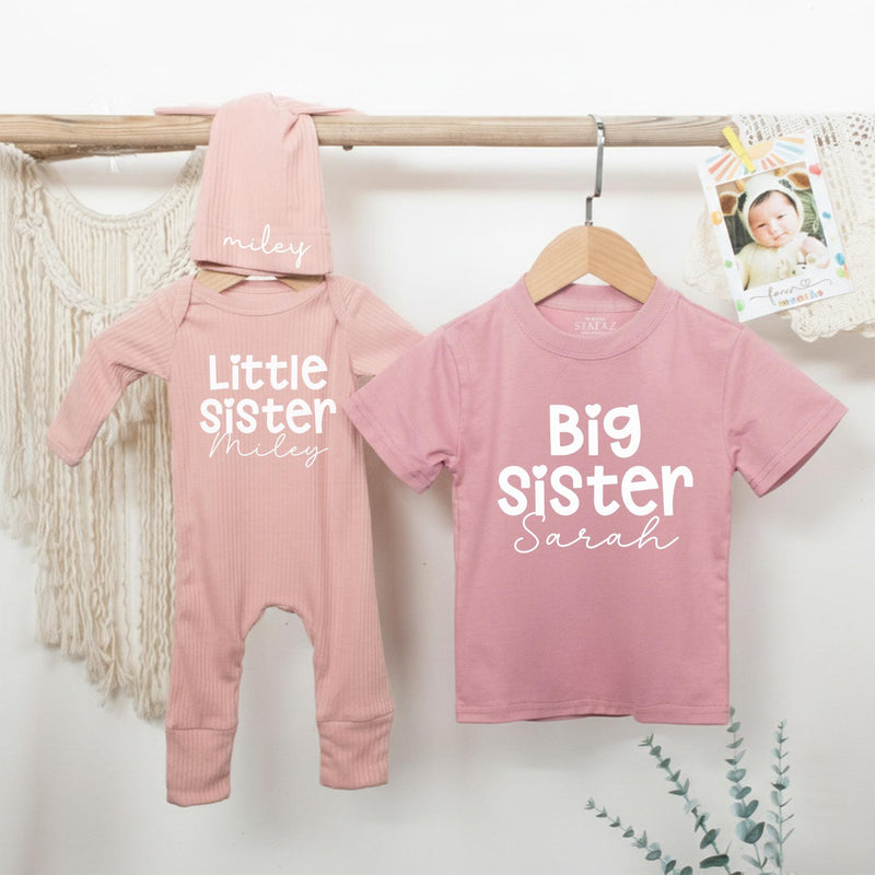 Personalized Big Sister Little Sister Matching Outfits with Pastel Colors and Heart Design Baby Girl Birthday Toddler Clothes Gift Idea