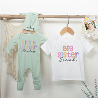 Personalized Big Sister Little Sister Matching Outfits with Pastel Colors and Heart Design Baby Girl Birthday Toddler Clothes Gift Idea
