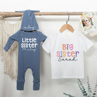 Personalized Big Sister Little Sister Matching Outfits with Pastel Colors and Heart Design Baby Girl Birthday Toddler Clothes Gift Idea