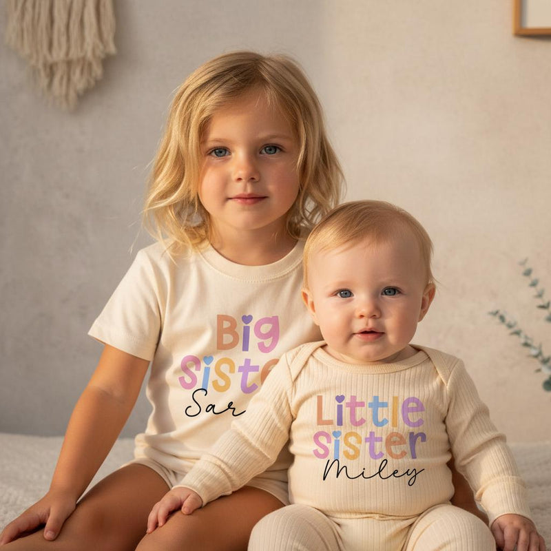 Personalized Big Sister Little Sister Matching Outfits with Pastel Colors and Heart Design Baby Girl Birthday Toddler Clothes Gift Idea
