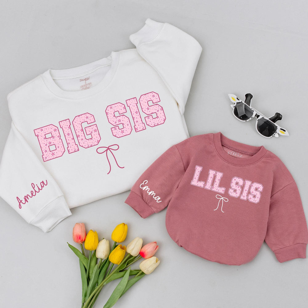 Personalized Big Sister Little Sister Shirts with Pink Star Pattern Matching Outfits Custom Name Bow Design Baby Toddler Gift for Girls