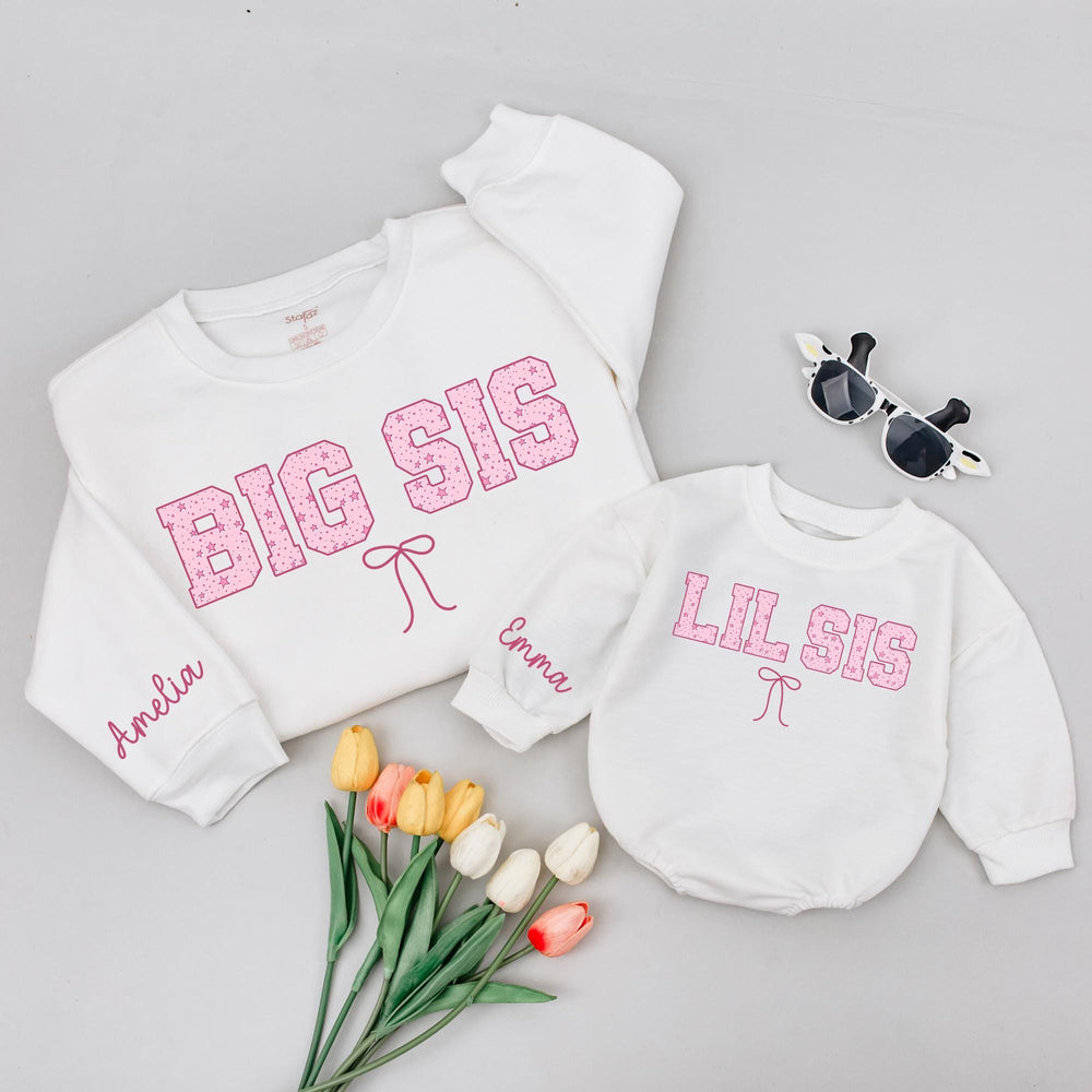 Personalized Big Sister Little Sister Shirts with Pink Star Pattern Matching Outfits Custom Name Bow Design Baby Toddler Gift for Girls