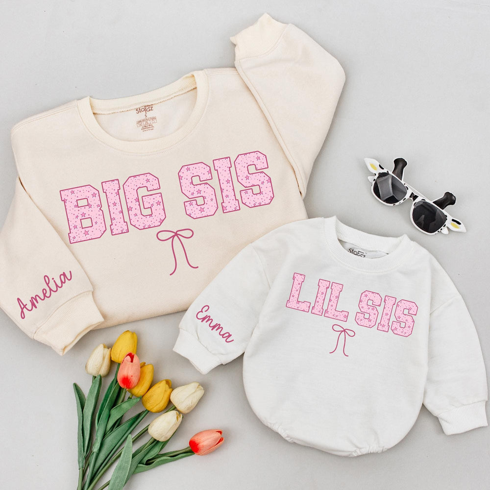 Personalized Big Sister Little Sister Shirts with Pink Star Pattern Matching Outfits Custom Name Bow Design Baby Toddler Gift for Girls