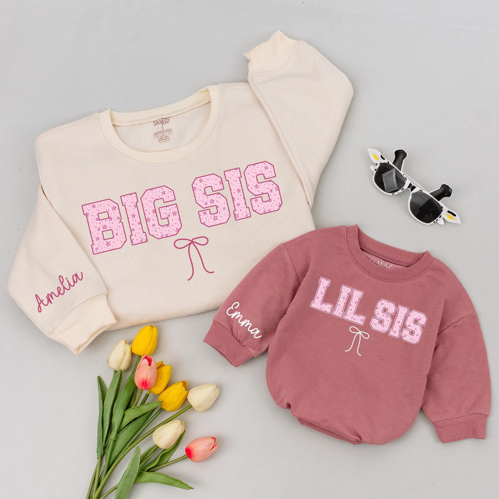 Personalized Big Sister Little Sister Shirts with Pink Star Pattern Matching Outfits Custom Name Bow Design Baby Toddler Gift for Girls