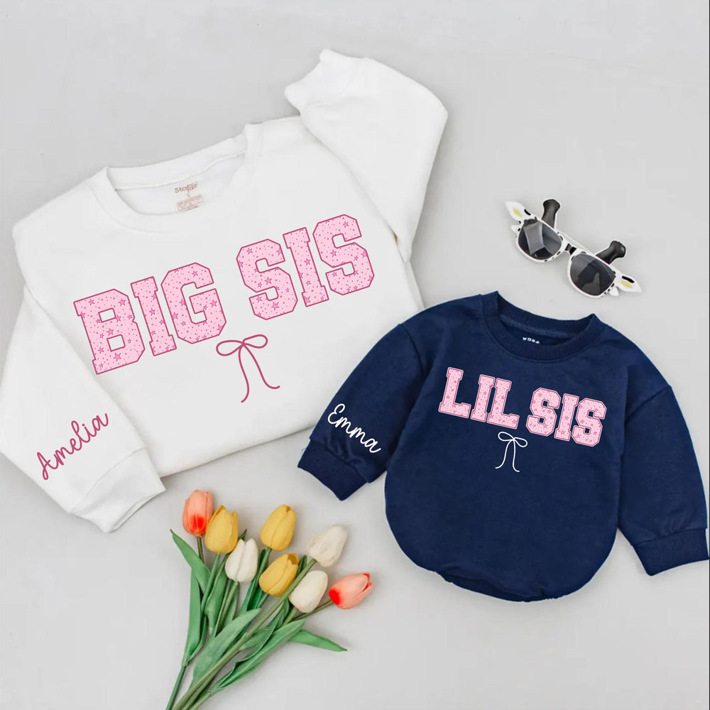 Personalized Big Sister Little Sister Shirts with Pink Star Pattern Matching Outfits Custom Name Bow Design Baby Toddler Gift for Girls