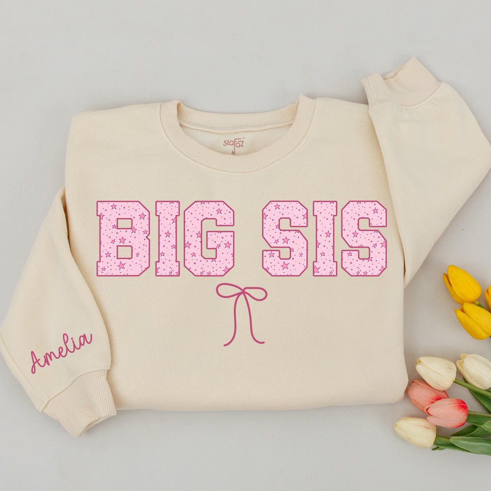 Personalized Big Sister Little Sister Shirts with Pink Star Pattern Matching Outfits Custom Name Bow Design Baby Toddler Gift for Girls