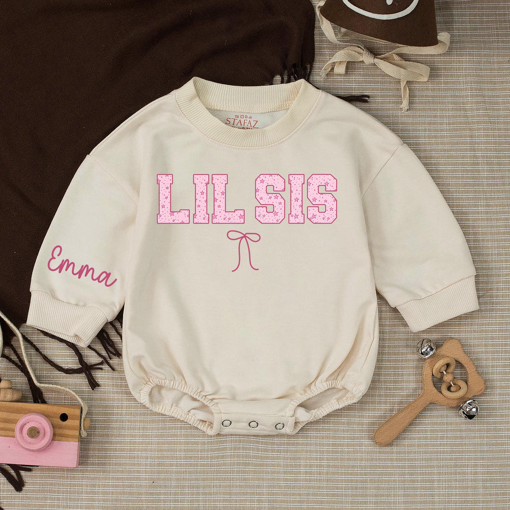 Personalized Big Sister Little Sister Shirts with Pink Star Pattern Matching Outfits Custom Name Bow Design Baby Toddler Gift for Girls