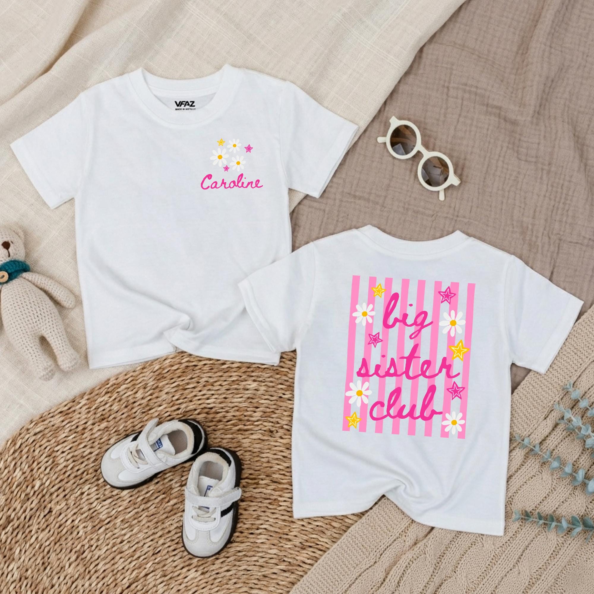 Personalized Big Sister Club Toddler Romper with Daisy Motif, Custom Name Pink Long Sleeve Cotton Outfit for Kids, Baby Shower Gift
