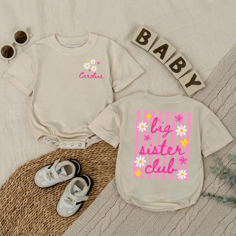 Personalized Big Sister Toddler Shirt with Daisy and Star Design, Custom Name Baby Romper, Fun Pregnancy Announcement or Baby Shower Gift