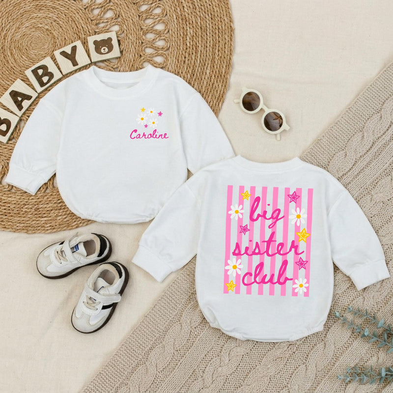 Personalized Big Sister Toddler Shirt with Daisy and Star Design, Custom Name Baby Romper, Fun Pregnancy Announcement or Baby Shower Gift