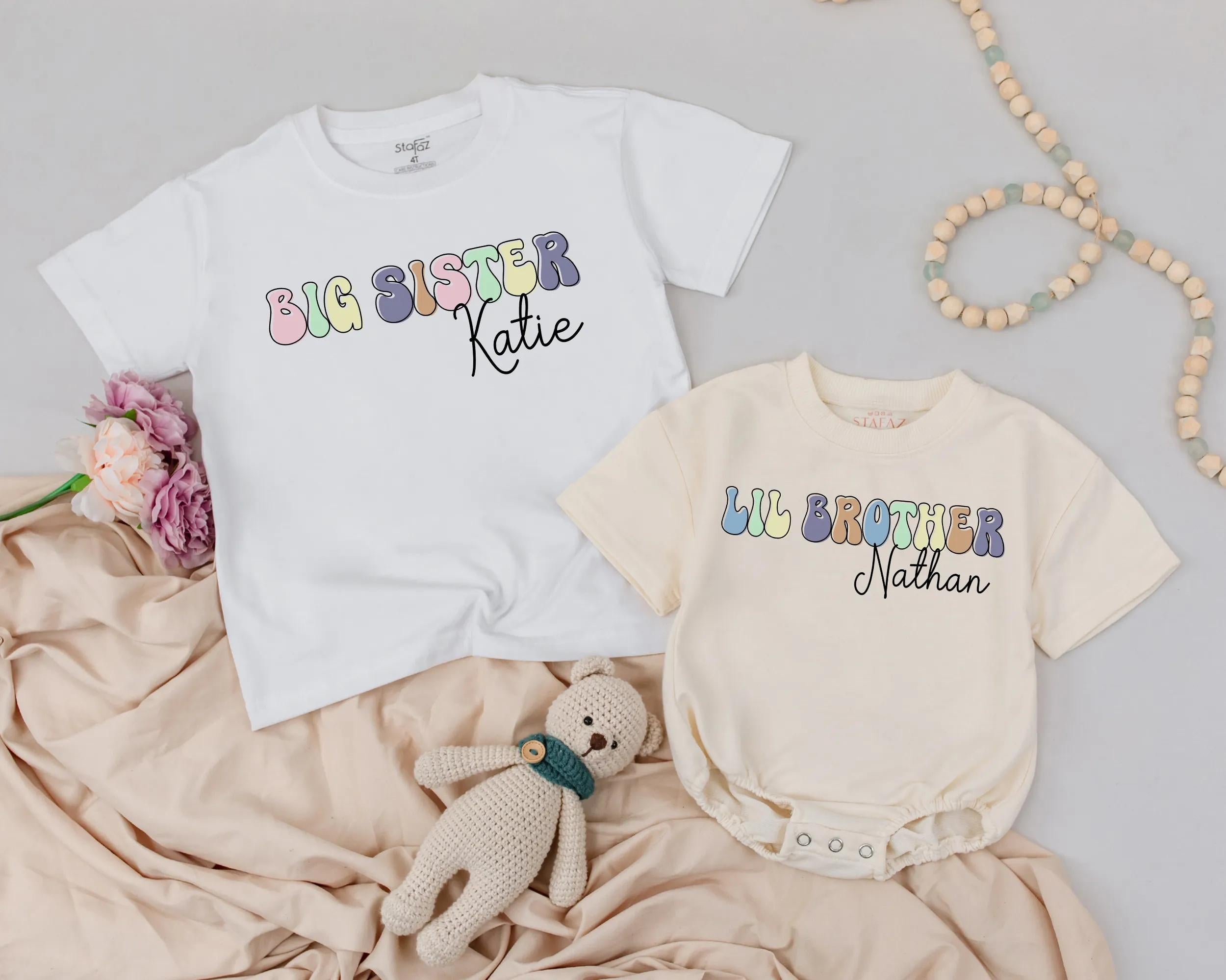 Personalized Big Sister Toddler Shirt and Lil Brother Romper with Pastel Retro Design Custom Names Soft Cotton Kids Outfit Gift