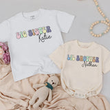 Personalized Big Sister Toddler Shirt and Lil Brother Romper with Pastel Retro Design Custom Names Soft Cotton Kids Outfit Gift