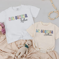 Personalized Big Sister Toddler Shirt and Lil Brother Romper with Pastel Retro Design Custom Names Soft Cotton Kids Outfit Gift