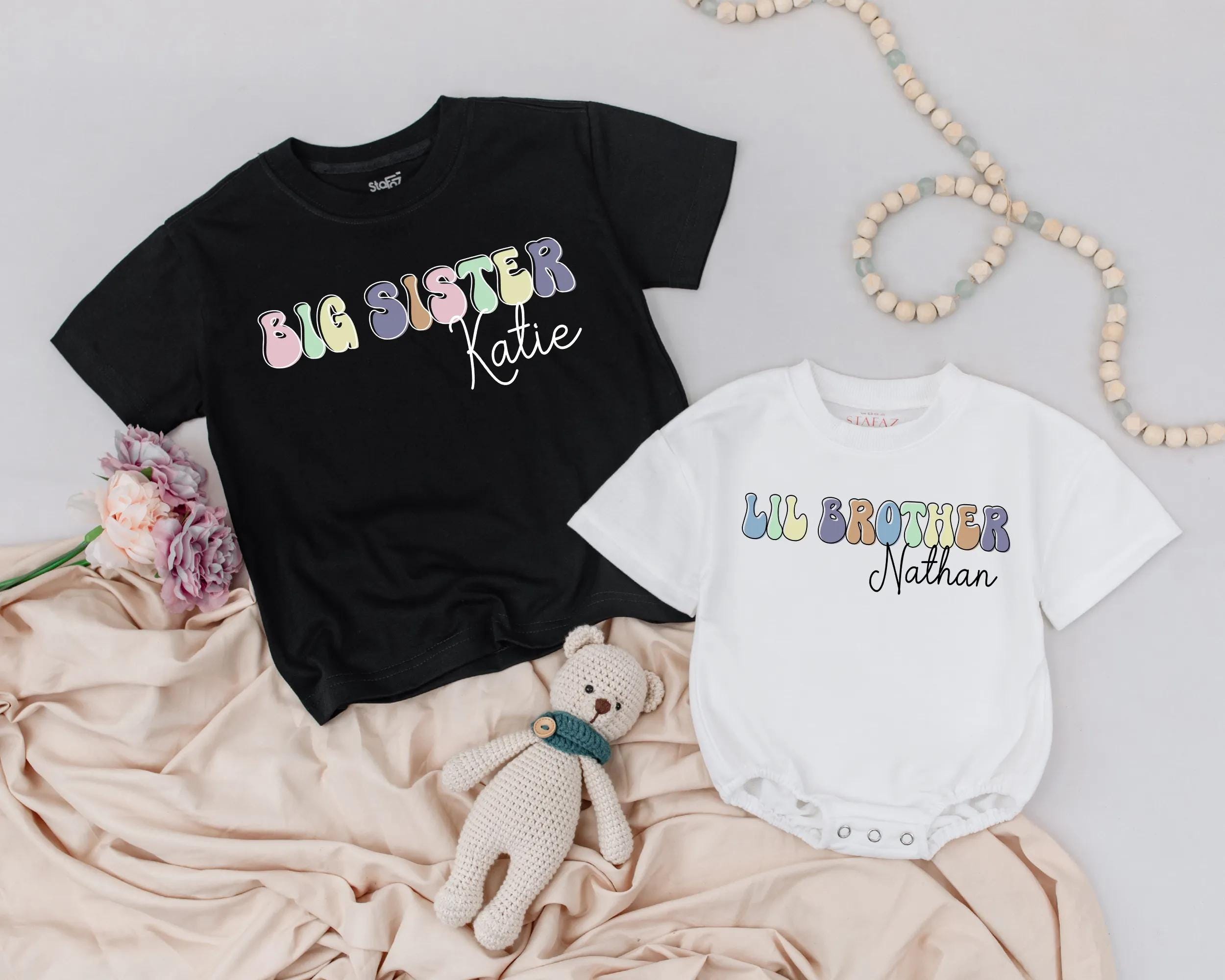 Personalized Big Sister Toddler Shirt and Lil Brother Romper with Pastel Retro Design Custom Names Soft Cotton Kids Outfit Gift