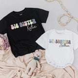 Personalized Big Sister Toddler Shirt and Lil Brother Romper with Pastel Retro Design Custom Names Soft Cotton Kids Outfit Gift