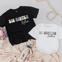 Personalized Big Sister Toddler Shirt and Lil Brother Romper with Pastel Retro Design Custom Names Soft Cotton Kids Outfit Gift