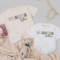 Personalized Big Sister Toddler Shirt and Lil Brother Romper with Pastel Retro Design Custom Names Soft Cotton Kids Outfit Gift
