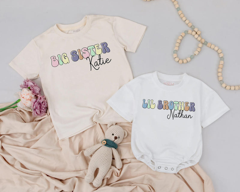 Personalized Big Sister Toddler Shirt and Lil Brother Romper with Pastel Retro Design Custom Names Soft Cotton Kids Outfit Gift