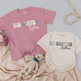 Personalized Big Sister Toddler Shirt and Lil Brother Romper with Pastel Retro Design Custom Names Soft Cotton Kids Outfit Gift